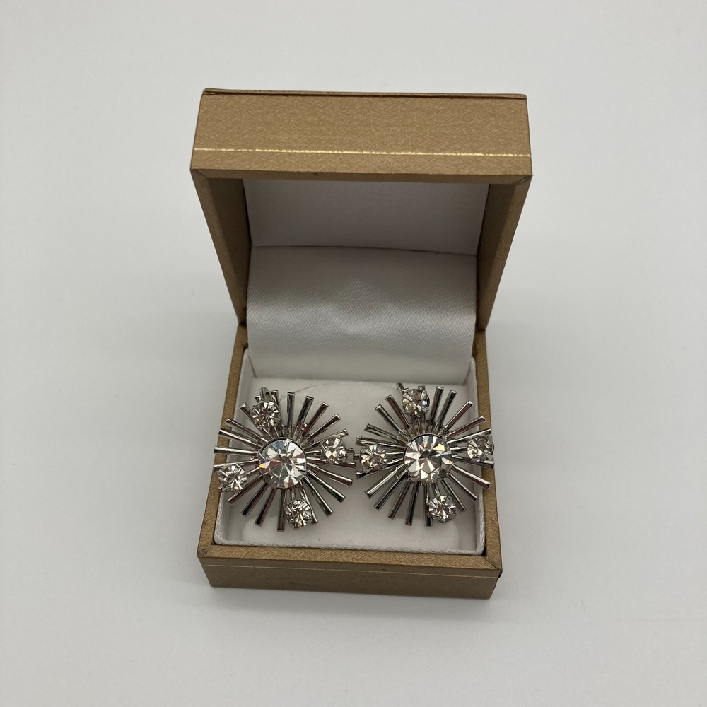 1960s Celebrity Atomic Starburst Explosion Clip-On Earrings Clear Rhinestones